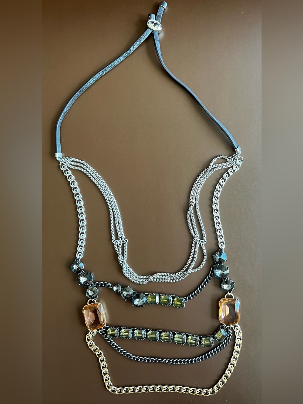 Fossil Peach, Sage Green and Black Stone Layered Statement Steel Necklace